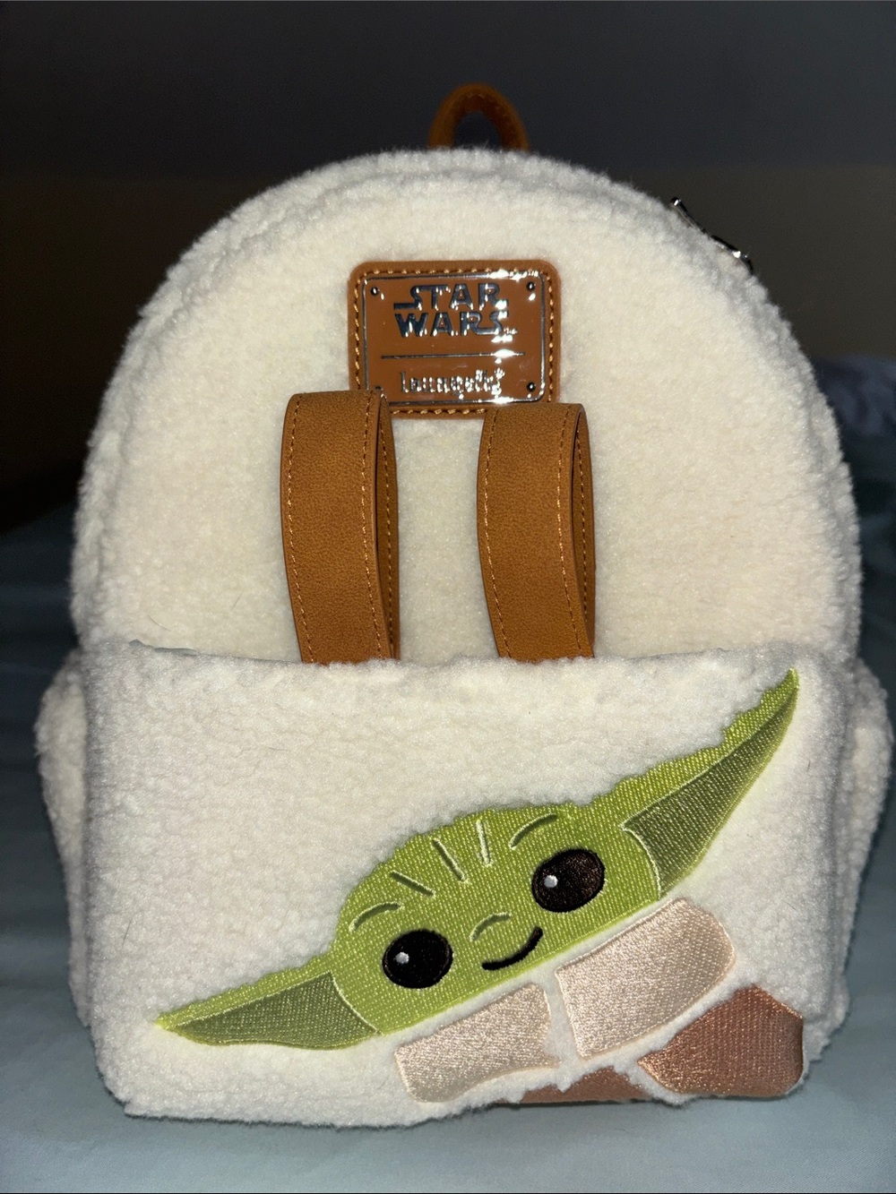 Loungefly Star Wars Cream Sherpa Grogu Backpack with Brown Accents